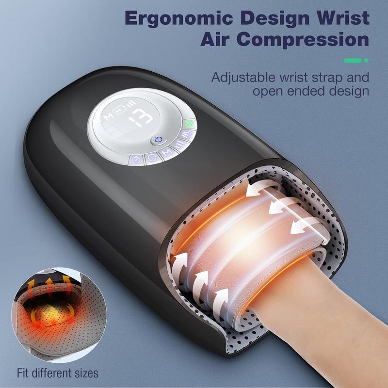 Hand Massager with Heat and Compression, 3D Machine for Arthritis and Carpal Tunnel Syndrome Relief, 6 Levels Pressure Point Therapy, Wrist and Palm Kneading with Blowing Mode, Gifts for Women, Black Comfort