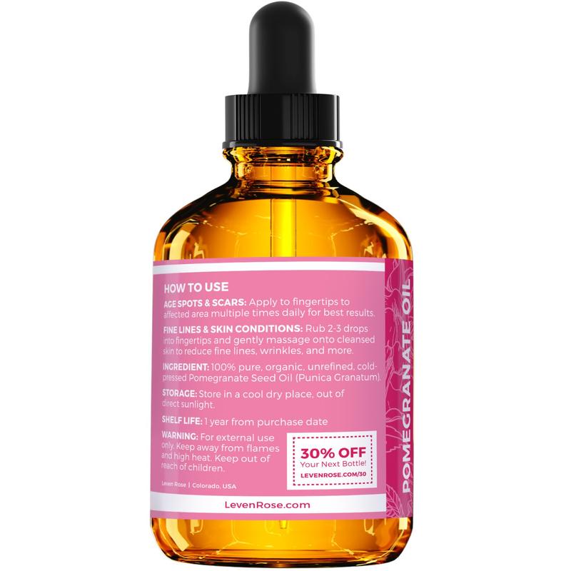 Leven Rose Pomegranate Seed Oil, 100% Pure Unrefined Cold Pressed Antioxidant Moisturizer for Comfort Haircare, Smooth Skin and Nails 2 oz