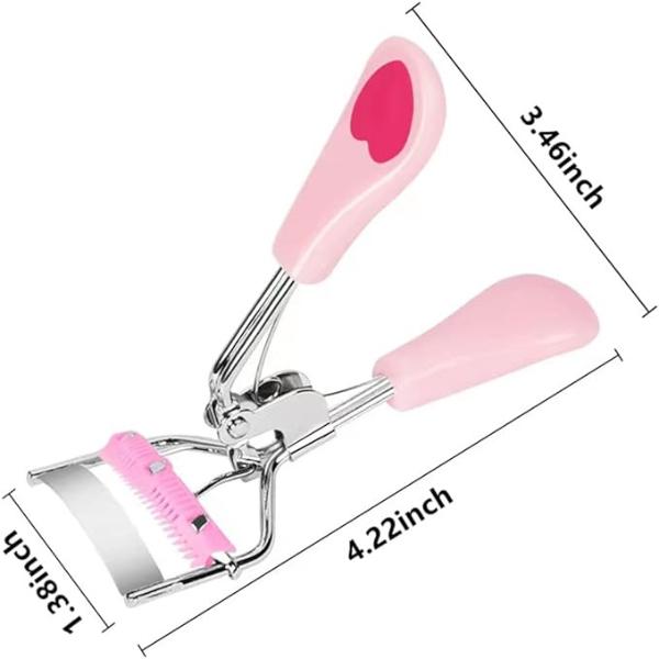 Stainless Steel Eyelash Curler with Built-in Comb Pinch Pain-Free Suitable for Any Eye Shapes and Sizes, with 5 Silicone Refill Pads (Light Pink)