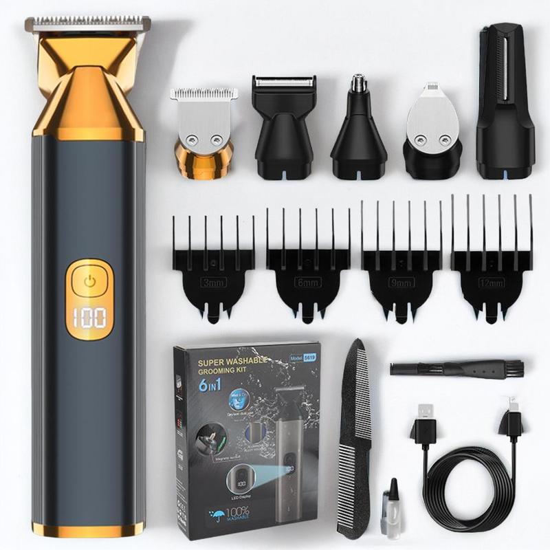 Beard Trimmer Set, Professional Hair Clipper Electric Razor, Shaving for Mustache Body Nose Ear Hair Trimmer, 6 in 1 Waterproof Cordless Grooming Kit for Man