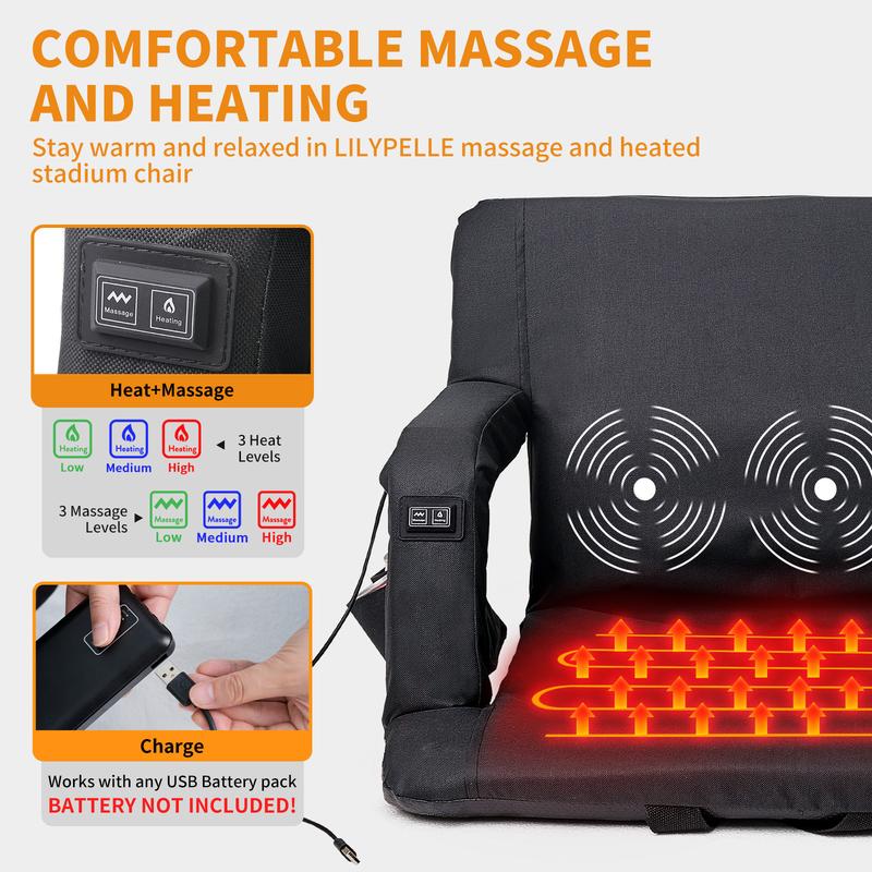 Slsy Heated Massage Stadium Seats, Bleacher Seat with Back & Arm Support, 3 Levels of Heat, 6 Reclining Positions Stadium Seating Bleacher Seats for Sports Events, Outing, Hiking