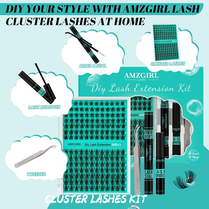 AMZGIRL Lash Extension Kit 168 Clusters Lashes Cloud(AD10) Makeup Waterproof Clusters Lashes(D Curl,8-16mm mix) Premade Fan Eyelash Fuffly Natural