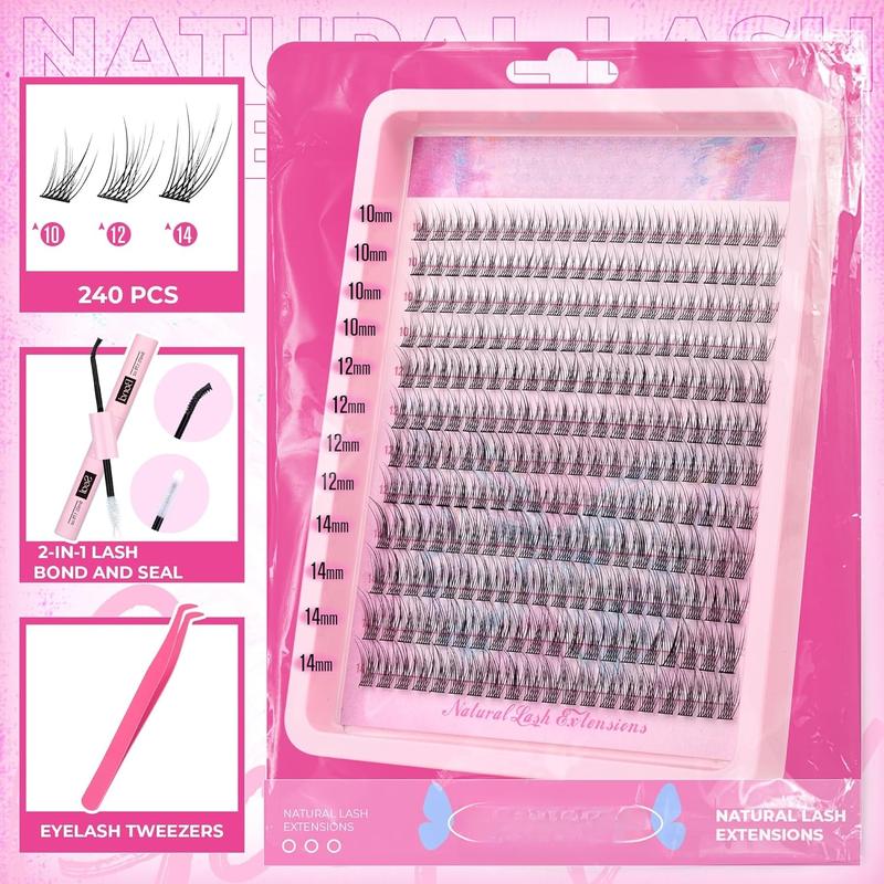 Natural Lash Clusters Kit Wispy Individual Lashes Kit C Curl Lash Extensions Kit 240 count Cluster Eyelash Extensions Kit Eyelash Clusters with Lash Bond and Seal Tweezers by  (C Curl, 10-14mm)