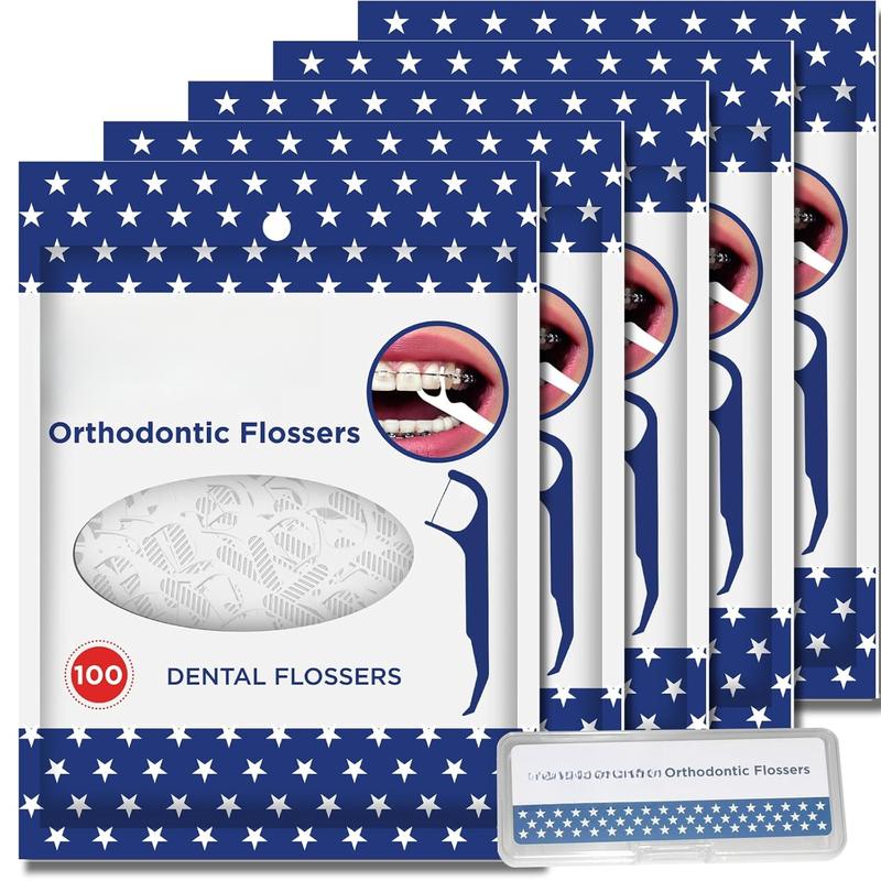 Orthodontic Flossers for Braces - Ortho  Floss Picks, 100 Count (Pack of 5), with a Travel Case