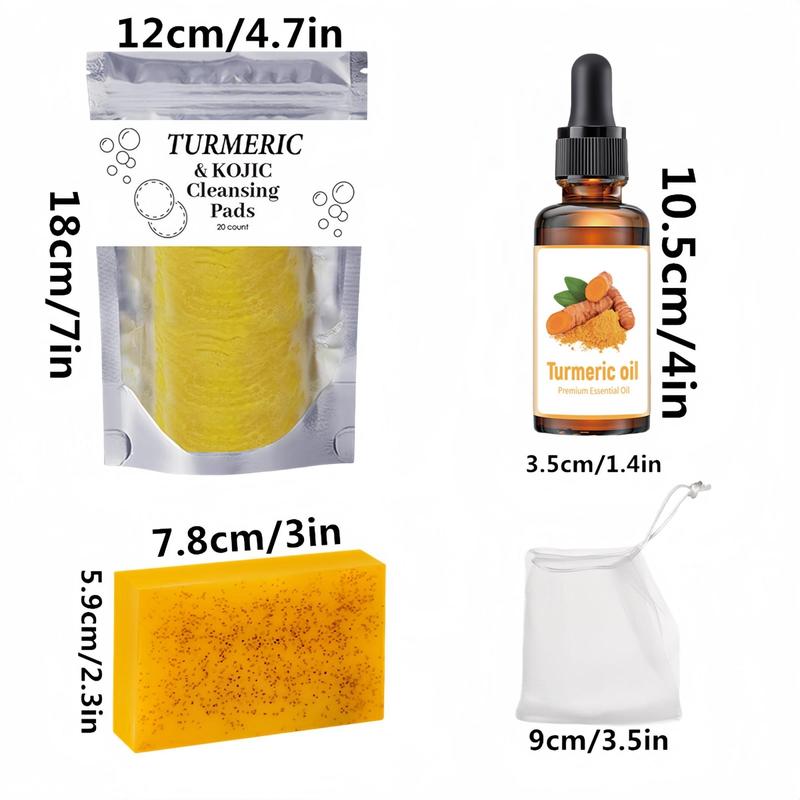 Turmeric Skin Care Kit, Turmeric Kojic Acid Soap & Cleansing Pads & Turmeric Oil & Face Cream, Daily Skin Care Sets for Men & Women, Christmas Gift