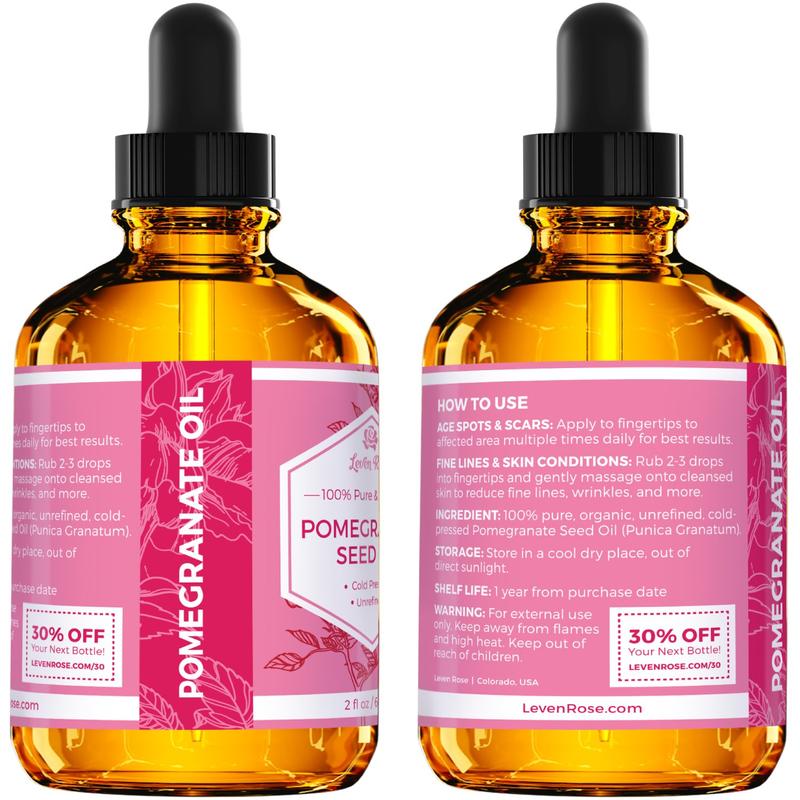 Leven Rose Pomegranate Seed Oil, 100% Pure Unrefined Cold Pressed Antioxidant Moisturizer for Comfort Haircare, Smooth Skin and Nails 2 oz