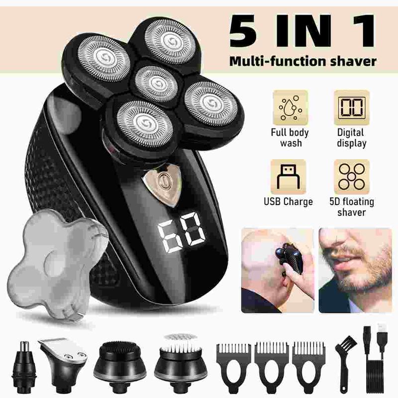 5 in1 Rotary Electric Shaver LCD Rechargeable Bald Head Hair Beard Trimmer Razor Wet Dry, Detachable Head Shavers, SHPAVVER 5D Electric Razor Waterproof for Bald Men, Wet Dry LED Display Rechargeable Rotary Shaver Grooming Kit, Valentine Gift, Mens Gift b