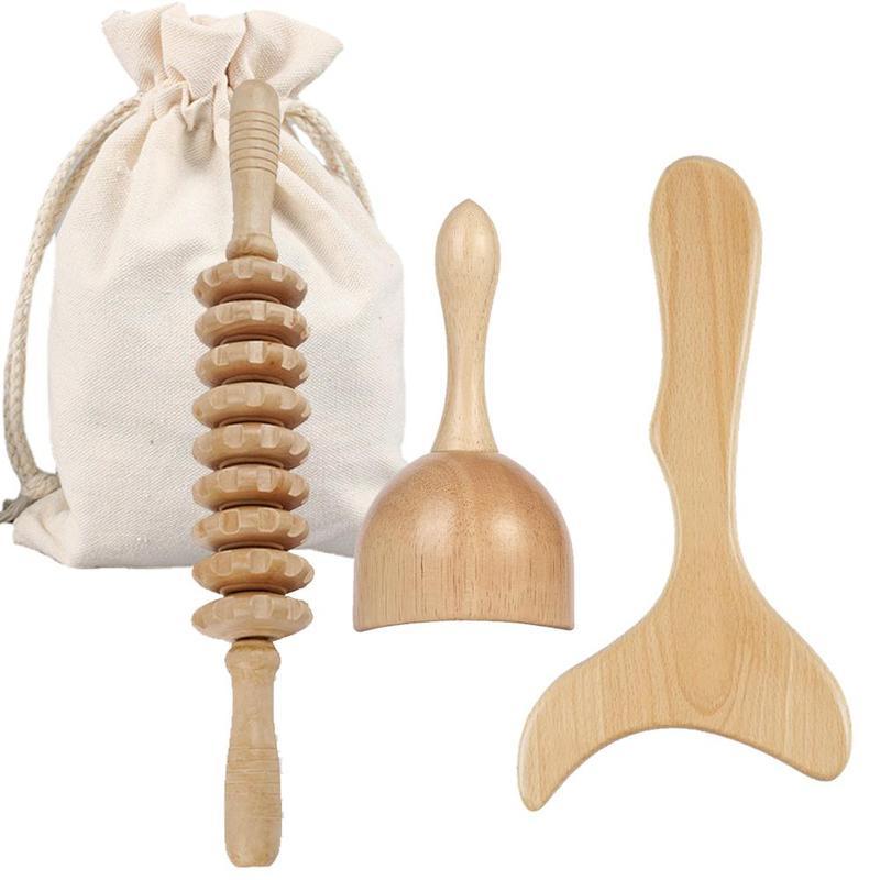 Wooden Massage Tool Set with Storage Bag, 3 Counts set Manual Massage Tool for Whole Body, Body Massage Tool for Home & Office Use 2