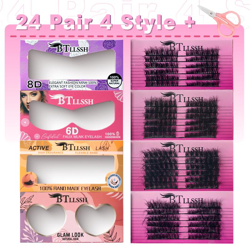 24 Pack 4 Style False Eyelashes, Handmade Full Strip, Cruelty Free, Dramatic 3D Lashes, Black, 24 Pairs