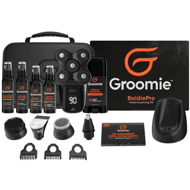 GROOMIE Great Bambeeno Bundle - 5D BaldiePro Electric Head Shavers for Bald Men, Natural Pre-Shave Oil, Aftershave Serum, Shave Gel, Aloe Serum, Charging Doc, Deodorant, Travel Case & 7 Piece Accessory Kit - Mens Head Shaver Kit w Electric Razor