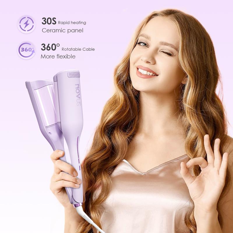 NOVUS Rovy Wave Curling Iron, Anti-Scald 2 Barrel Ionic 1.4 inch Fast Heating 4 Temp Ceramic Hair Waver for Wide Deep Waves Color Silicone Comfort