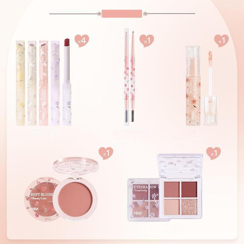 Flower Language Makeup Gift Set, 8 Counts set Lip Gloss & Lustrous Eyeshadow & Blush & Eyebrow Pencil, Perfect All-in-one Kit for Women