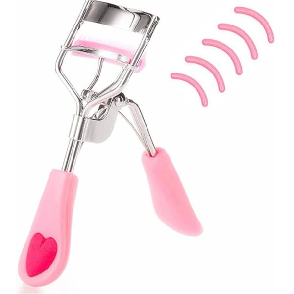 Stainless Steel Eyelash Curler with Built-in Comb Pinch Pain-Free Suitable for Any Eye Shapes and Sizes, with 5 Silicone Refill Pads (Light Pink)