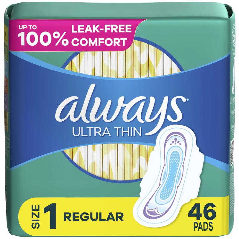 Ultra Thin Feminine Pads with Wings - Size 1, Regular Absorbency, Unscented, 46 Count for Light and Discreet Coverage