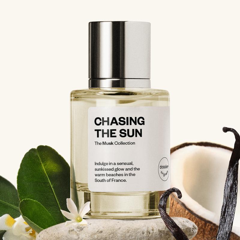 Chasing the Sun, Dossier, Unisex Perfume, 50ml, Eau de Parfum, Coconut, Warm Sand Accord, Bergamot, Plum, Orange Flower, Ylang Ylang, Tuberose, Jasmine Sambac, Warm Musks, Vanilla, Patchouli