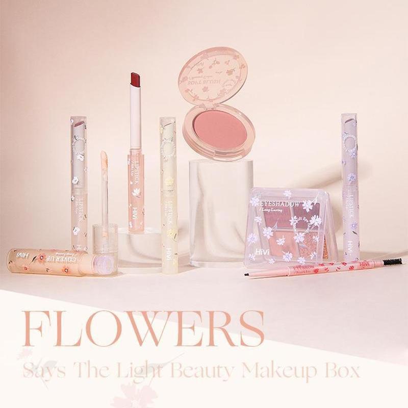 Flower Language Makeup Gift Set, 8 Counts set Lip Gloss & Lustrous Eyeshadow & Blush & Eyebrow Pencil, Perfect All-in-one Kit for Women