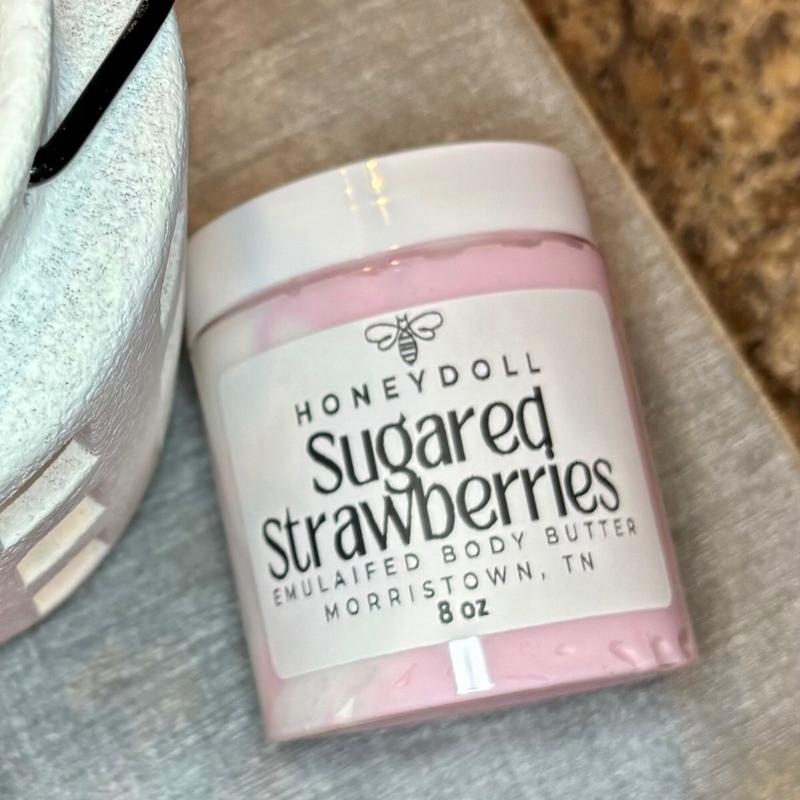 Sugared Strawberries Emulsified Body Butter with Pink Shimmer, Deeply Moisturizing for Dry Skin - Body Care