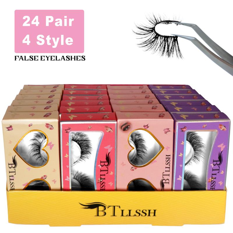 24 Pack 4 Style False Eyelashes, Handmade Full Strip, Cruelty Free, Dramatic 3D Lashes, Black, 24 Pairs