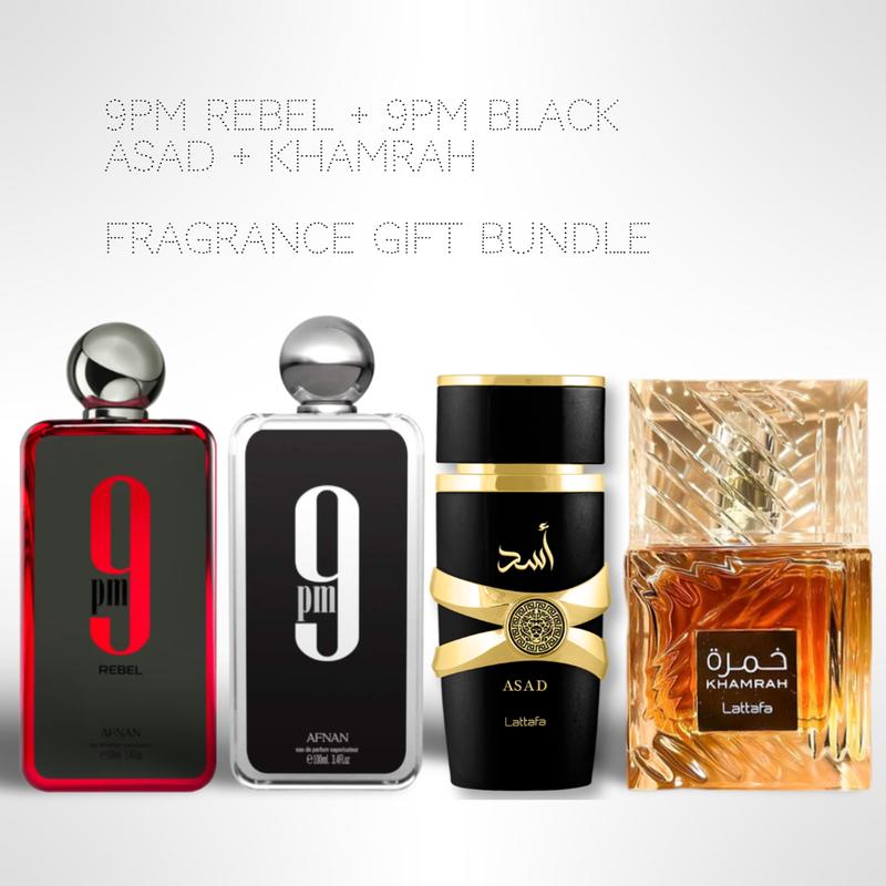 9PM Rebel + 9PM Black + Lattafa Asad + Khamrah 100ml (3.4oz) - Fragrance Collection Starter Pack - Fragrance Gift Bundle