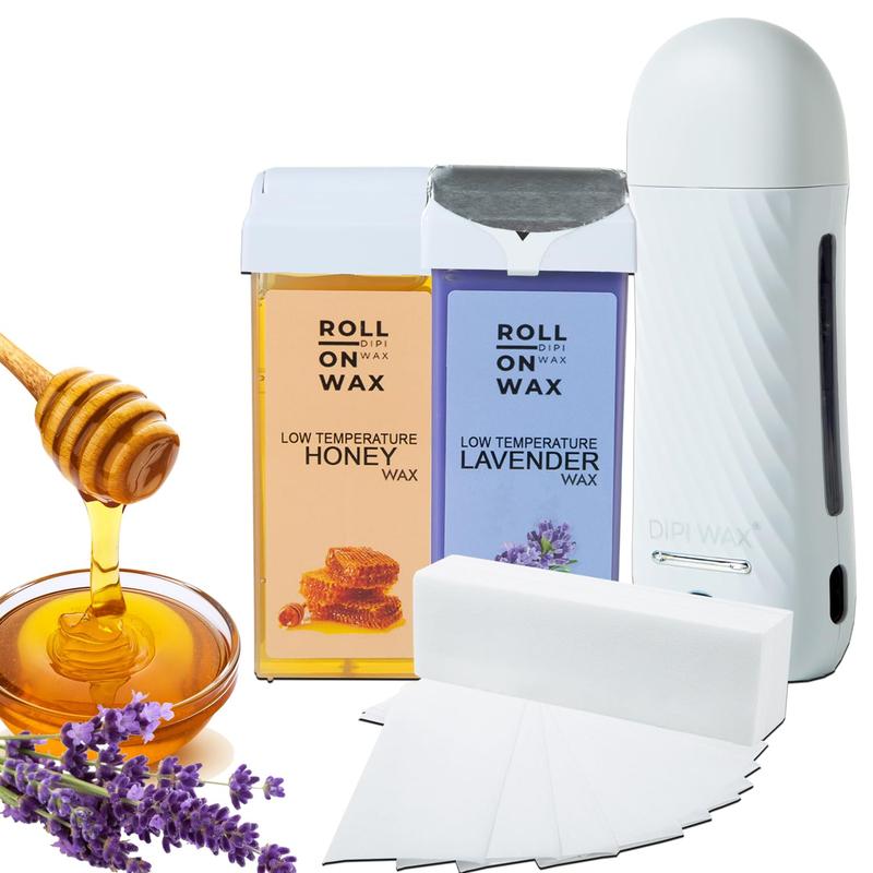 Roll on Waxing Kit by DipiWax - Digital Hair Removal for All Skin Types, 2 Wax Cartridges (Honey & Lavender), 100 Strips, Pre Post Treatment Sprays Body Care Gentle