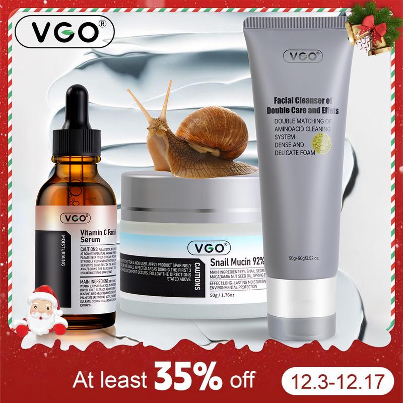 VGO Skin Care Set with Snail Mucin 92% Moisturizer, Vitamin C Serum & Dual-Tube Facial Cleanser, 3 Step Skin Care Kit hydrate refreshing antioxidant