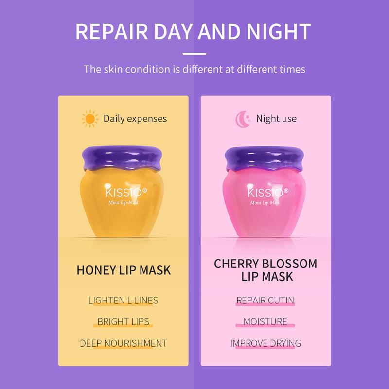 KISSIO Lip Mask,Honey and Sakura Lip Mask Set,Repair Lips Day and Night,Plant Extract,Lip Mask Overnight,Hydrating Lip Balm(2 pcs)