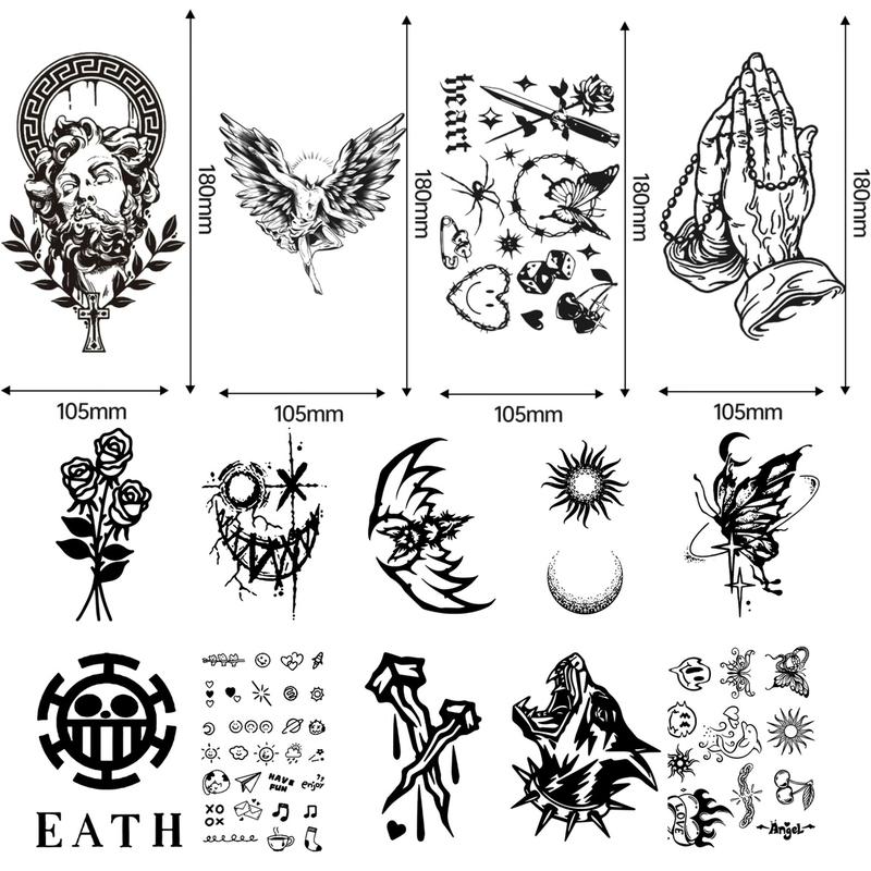 14 sheets Large-Size Realistic Waterproof SemiPermanent Tattoo Stickers,Black Temporary Tattoos Stickers Lasts 7-15 Days, Forearm Designs Featuring Tribal, Wolf, Tiger, Lion, Owl, Skeleton Skull, Temp Halloween Fake Tattoo Stickers, Rose, and Animals