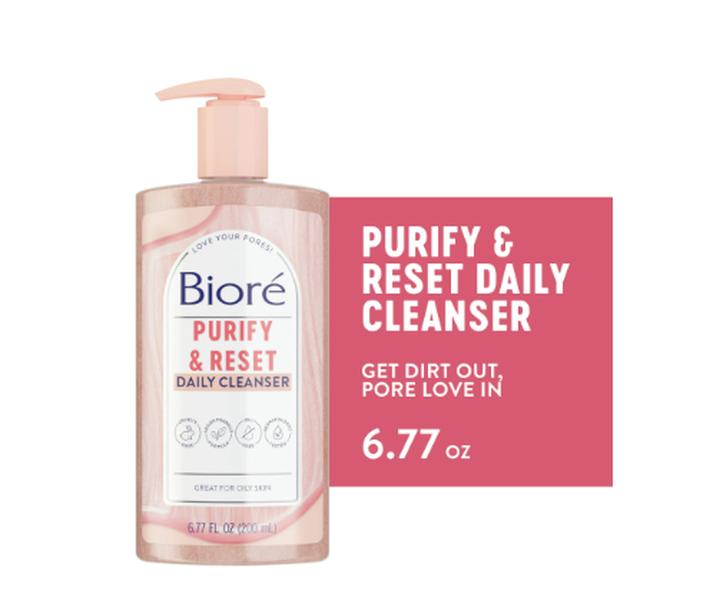 Biore Purify & Reset Daily Face Cleanser, Charcoal and Rose Quartz Face Wash, Purifying Face Wash, 6.77 Oz Crystal Skincare