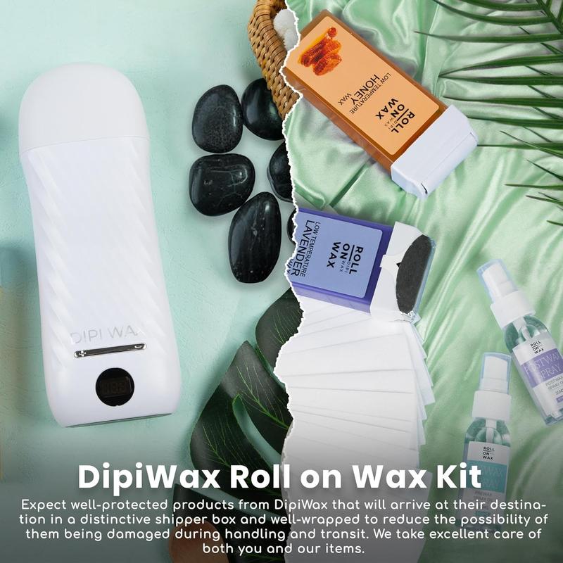 Roll on Waxing Kit by DipiWax - Digital Hair Removal for All Skin Types, 2 Wax Cartridges (Honey & Lavender), 100 Strips, Pre Post Treatment Sprays Body Care Gentle