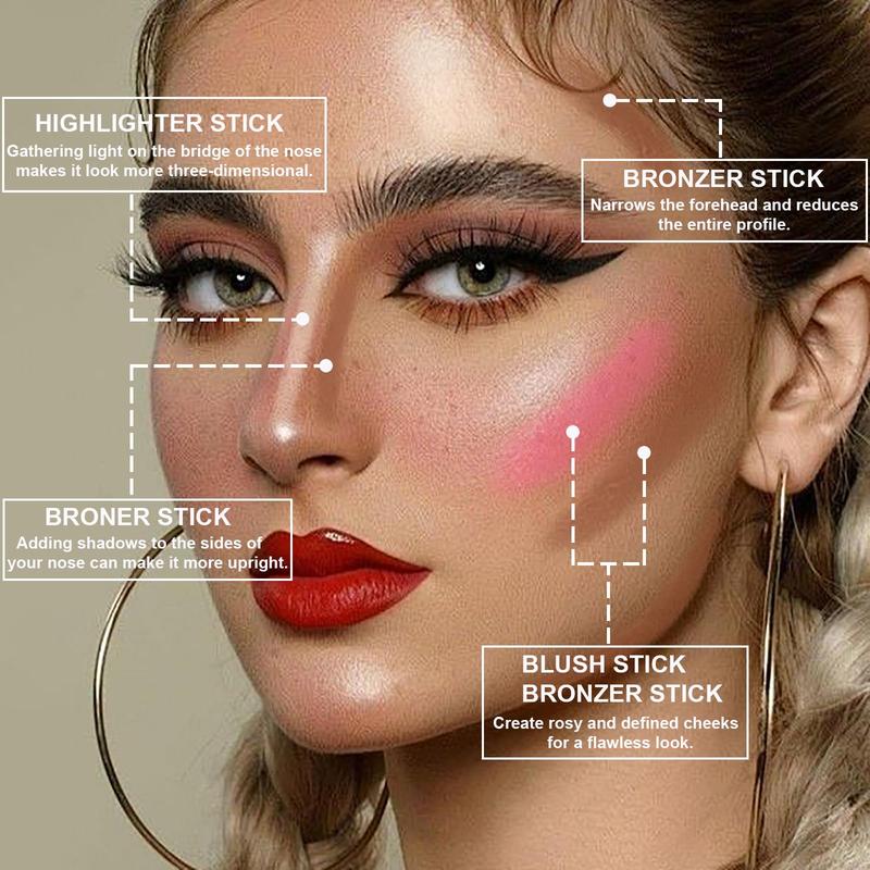 3Pcs Cream Contour Stick Makeup Kit, Cream Highlighter Stick and Bronzer Contour Stick with Longwear Waterproof Formula for Brightening and Trimming the Cheeks, Makeup Brush Include