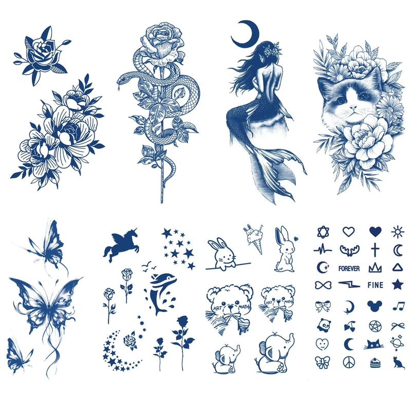 8 sheets Cute Realistic Waterproof SemiPermanent Tattoo Stickers,Black Temporary Tattoos Stickers Lasts 7-15 Days, Forearm Designs,Temp Halloween Fake Tattoo Stickers, lovely, butterflies, bunnies, bears, hearts, mermaid princesses, roses and animals