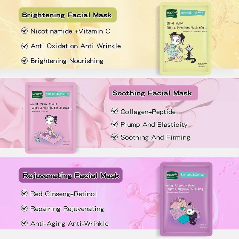 Face Masks Skincare Set for Girl,Moisturizing Collagen Facial Masks for Women Home Spa,Hyaluronic Acid Face Mask for  Skin Types,Day Night Facial Mask Deep Cleaning,Oil Contral 25ml (12Pack)