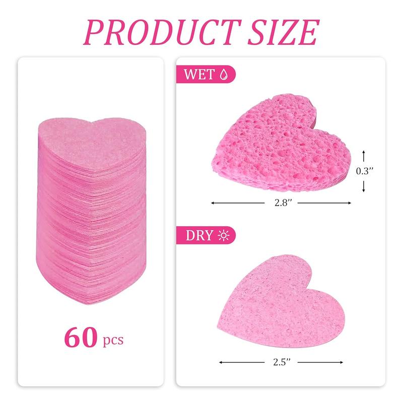 60-Count Compressed Cellulose Heart Shape Facial Sponges | 100% Natural Cosmetic Spa Sponges for Facial Cleansing | Exfoliating | Makeup and Mask Removal | Reusable |Skin Massage (Pink)