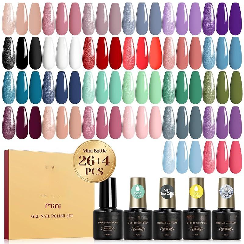 30 Piece Gel Nail Polish Set with Base Coat, Glossy Matte and Glitter Top Coat Gel Polish Nail Art Nail Care