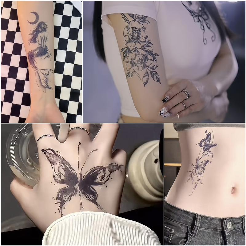 8 sheets Cute Realistic Waterproof SemiPermanent Tattoo Stickers,Black Temporary Tattoos Stickers Lasts 7-15 Days, Forearm Designs,Temp Halloween Fake Tattoo Stickers, lovely, butterflies, bunnies, bears, hearts, mermaid princesses, roses and animals