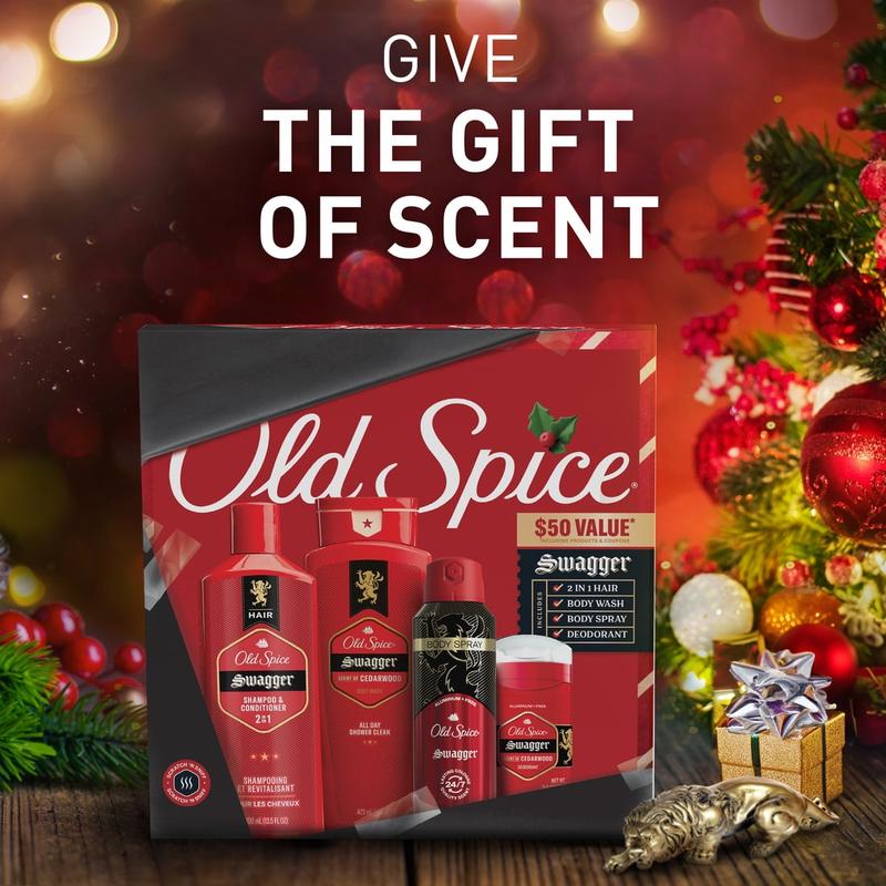 ($50 Value) Old Spice Holiday Gift Pack for Men,  Body Wash, Aluminum Free Deodorant, Body Spray & 2 in 1 Shampoo, Swagger Scent