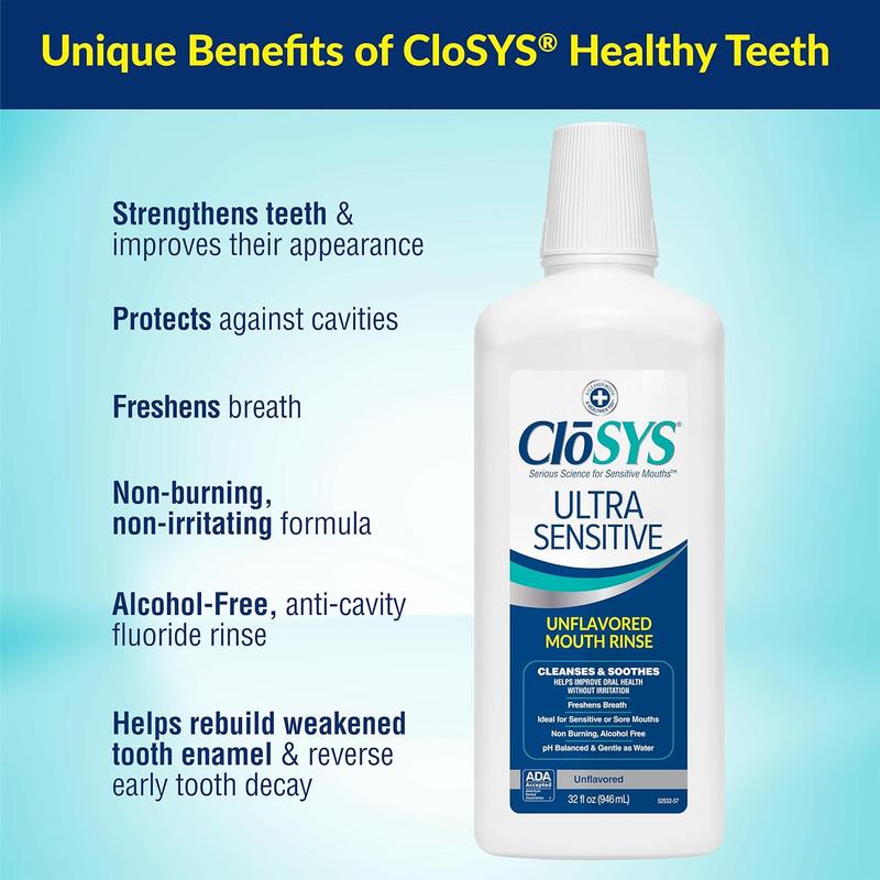 CloSYS Ultra Sensitive Mouthwash, 32 Ounce, Unflavored (Optional Flavor Dropper Included), Closys mouthwash helps Soothe Entire Mouth, Cleanser Oral Gentle