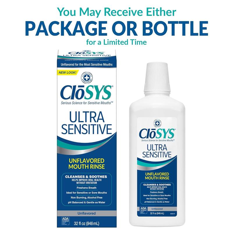 CloSYS Ultra Sensitive Mouthwash, 32 Ounce, Unflavored (Optional Flavor Dropper Included), Closys mouthwash helps Soothe Entire Mouth, Cleanser Oral Gentle