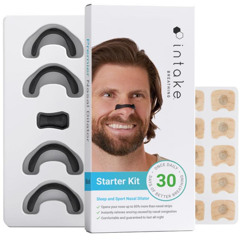 Intake Breathing Nasal Strip Starter Kit (30 Count, Black) - Boost Oxygen Intake, Reduce Snoring, Improve Sleep Quality - Sweat Resistant, Skin Safe Nasal Strips - Extra Strength Snoring Solution