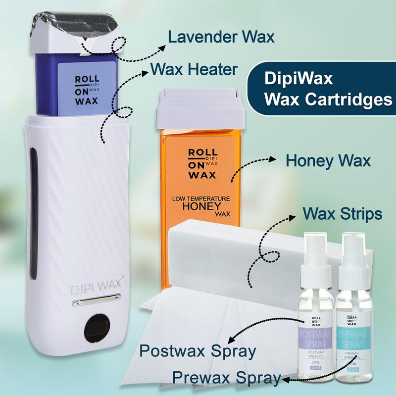 Roll on Waxing Kit by DipiWax - Digital Hair Removal for All Skin Types, 2 Wax Cartridges (Honey & Lavender), 100 Strips, Pre Post Treatment Sprays Body Care Gentle