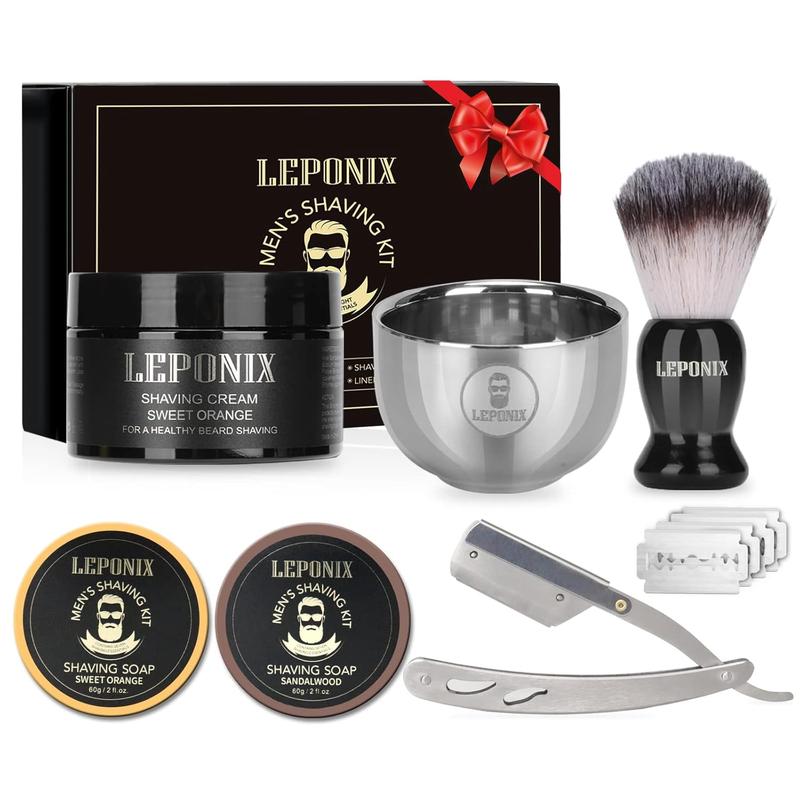 Straight Razor Shaving Kit, Includes 2 Packs Shaving Soap, Straight Edge Razor, Shaving Cream,Shaving Brush and Shaving Bowl Shaving Unique Gifts Set Stocking Stuffers for Men Him Dad (Sweat Orange)