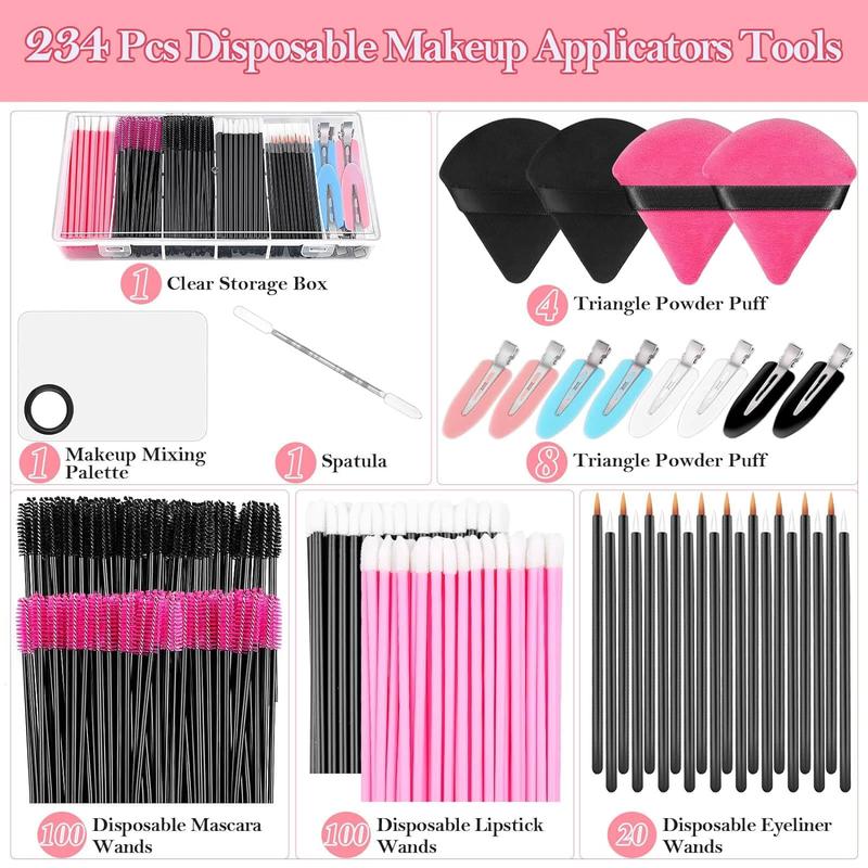 Mixed Styles Disposable Makeup Tool Set, 234pcs Makeup Tool Including Mascara Wands Eyebrow Brushes, Lip Brushes, Hair Clips, Fashion Makeup Tools for Women