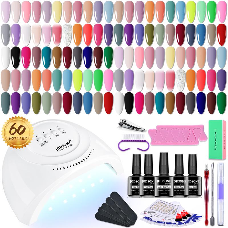 JODSONE 60 PCS Gel Nail Polish Kit with U V Light Base and Matte Glossy Top Coat Nail Gel Polish Soak off Manicure Accessory Tools Suitable for All Seasons