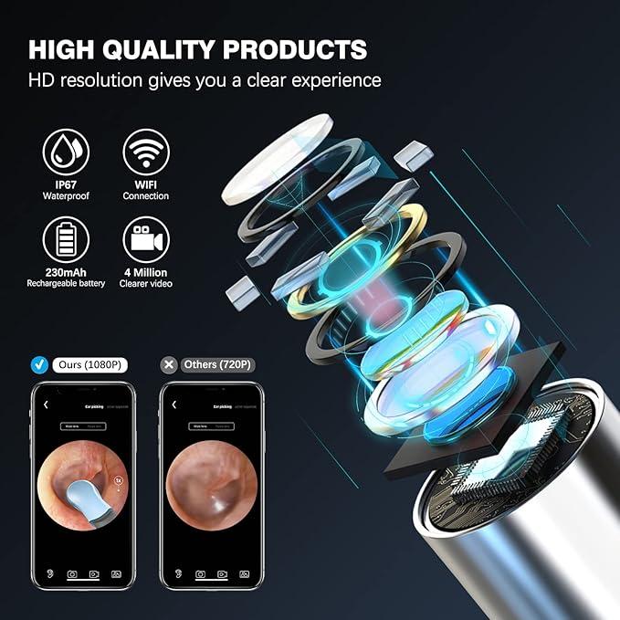 Wireless Ear Wax Removal Tool with 1080P HD Otoscope, Waterproof Camera & 8-Piece Cleaning Kit for iOS & Android Devices Silicone Brush