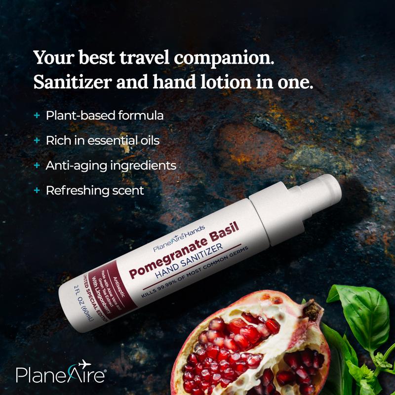 PlaneAire Pomegranate Basil Hand Sanitizer | 2-in-1 Plant-Based Lotion | Soothing, Moisturizing, Hydrating | Vibrant, Refreshing Scent | Made with Essential Oils, Safflower Oil, Lingonberry, and Green Tea Extract | TSA-Approved Travel Essential