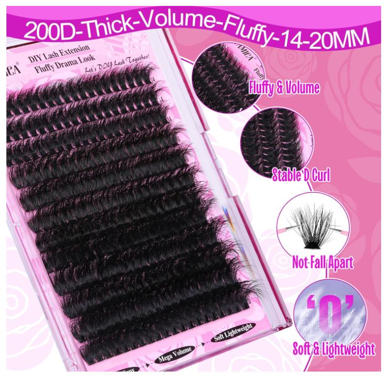 Yawamica Fluffy Lash Clusters Thick 200D Volume Eyelash Clusters 14-20mm Wispy Individual Lashes D Curl Cluster Eyelash Extensions 240pcs DIY Lash Extension for Beginners