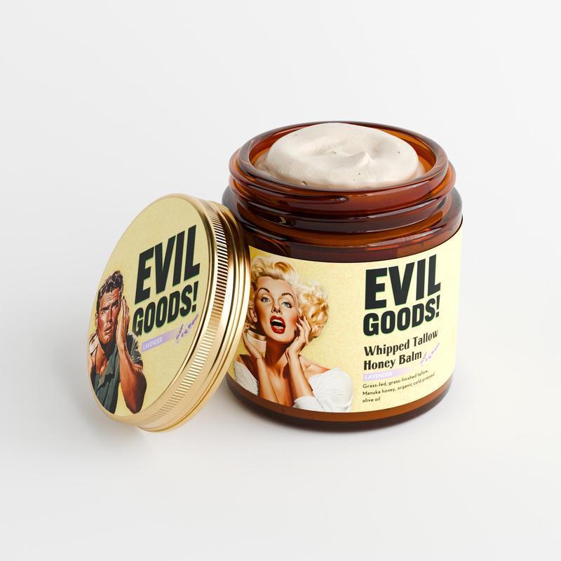 EVILGOODS Whipped Beef Tallow and Manuka Honey Balm, 4oz, Organic Face Cream, Moisturizer, Body Lotion, Skin Care and Lip Balm