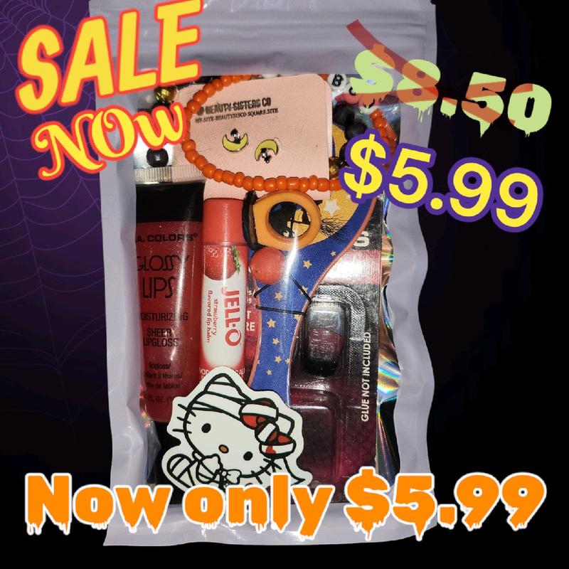 Halloween Beauty Grab Bag with Lip Gloss, Lip Balm, Press On Nails, Bracelet, Earrings, and Hair Accessories - Salon, Makeup