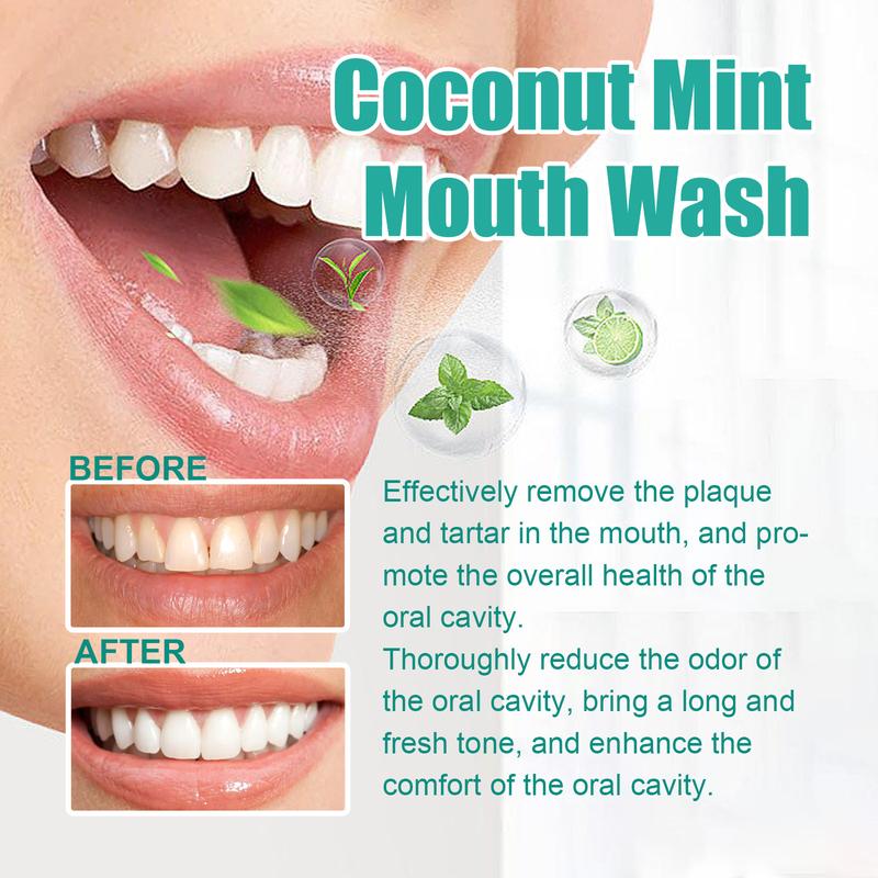 Coconut oil mouthwash removes odor, removes tooth stains, freshens breath, cares for teeth, oral care tooth cleanser