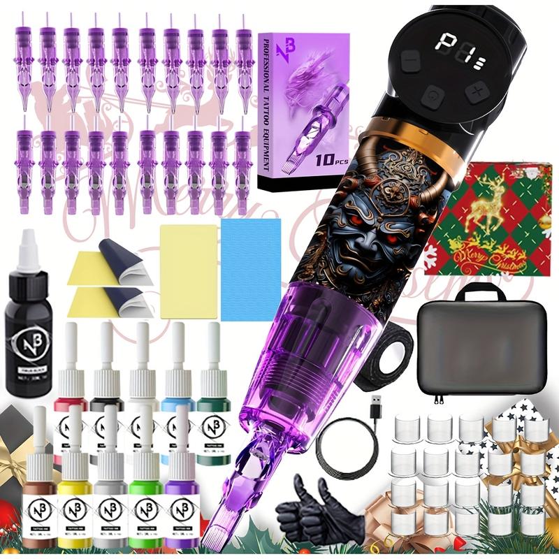 Needle Bee Wireless Tattoo Gun Kit, UV Cool Pattern Machine, Rotating Tattoo Pen Kit, Multi Functional 1500mAh Battery, Digital Screen Display, 20 Needles, 7 Inks, Complete Tattoo Gun Kit For Beginners And Tattoo Artists, Gift Cordless Machine